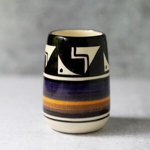 Ute Mountain Tribe pottery black white blue yellow striped pot/vase/cup signed